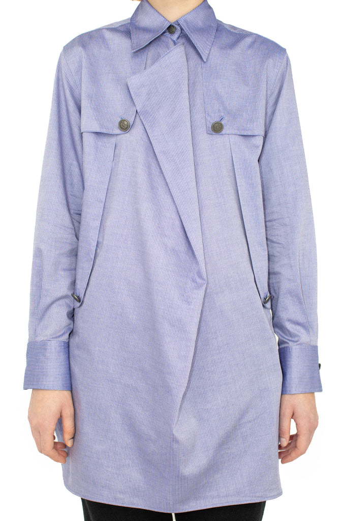 DANTE DRAPED SMOCK SHIRT - LAPIS FINE STRIPE