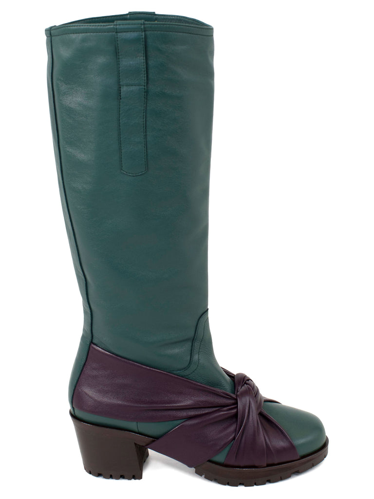 KNOTTED RIDING BOOT - WOOD GREEN / AUBERGINE+BROWN
