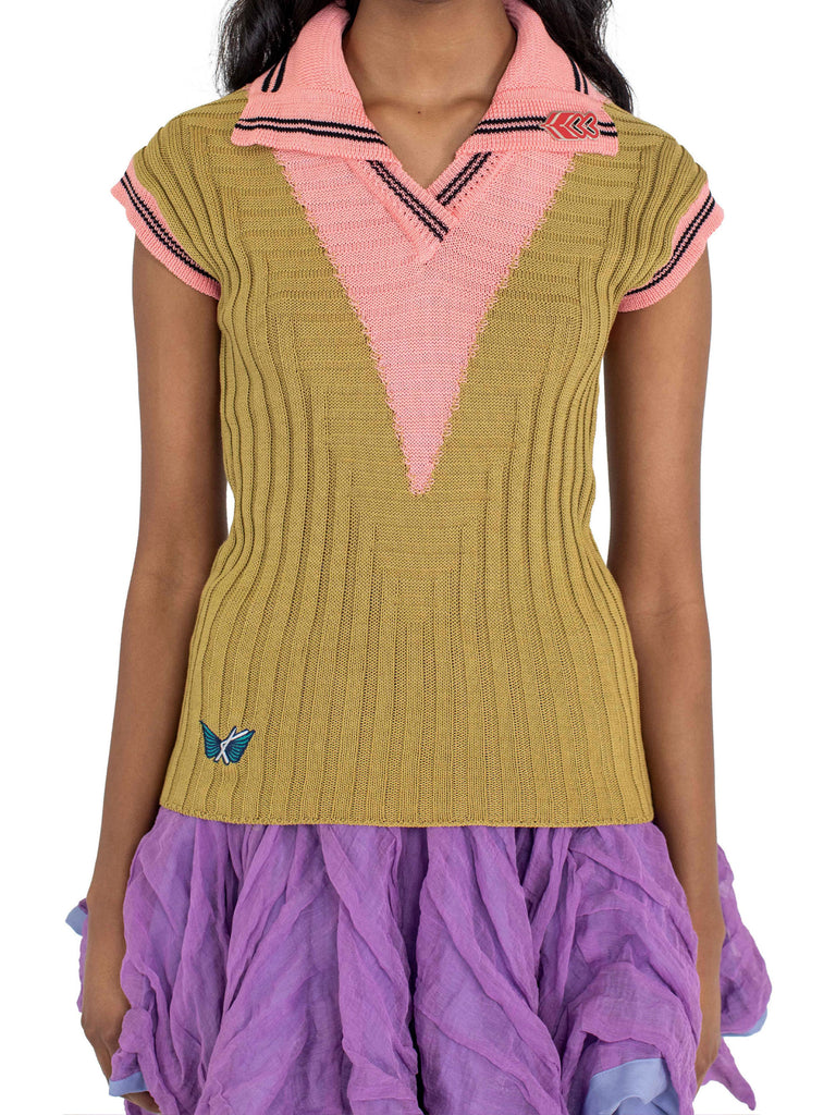 QUIMBY SLEEVELESS KNIT POLO - OCHRE/CORAL PINK